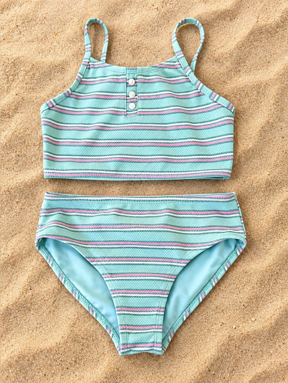 Wonder Nation Girls Size 7-8 Aqua Striped 2 Piece Bikini Swimsuit